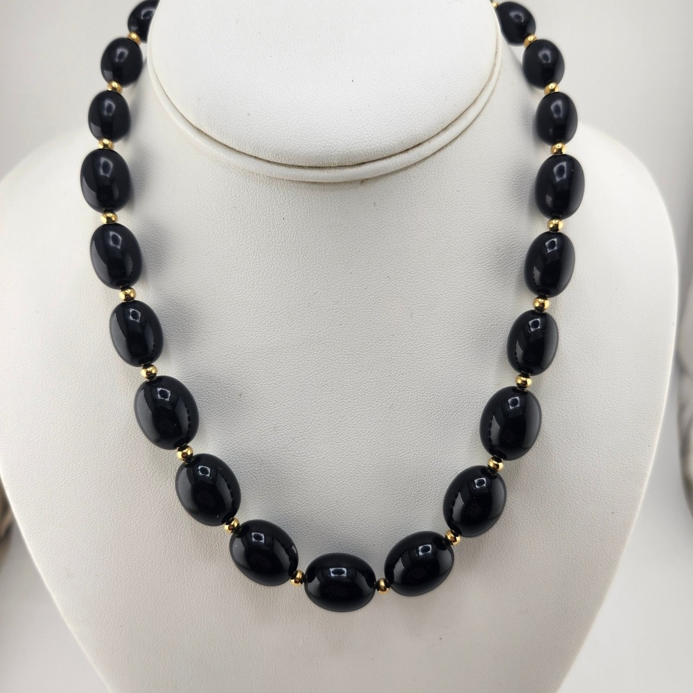 Monet Black Oval Bead Gold Tone Accent Necklace Classic Elegant Vintage